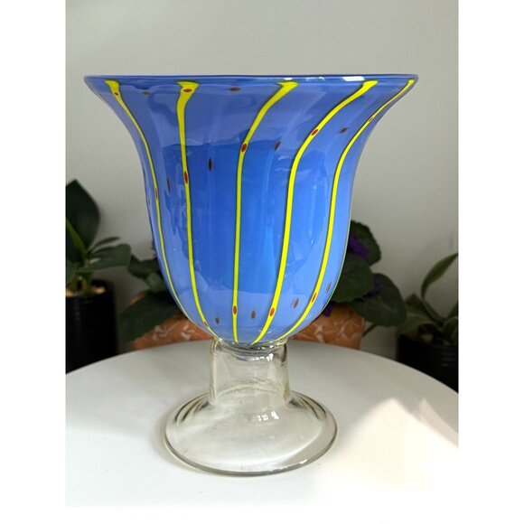 Handcrafted Blue & Yellow Striped Blown Art Glass Vase - Picture 7 of 8